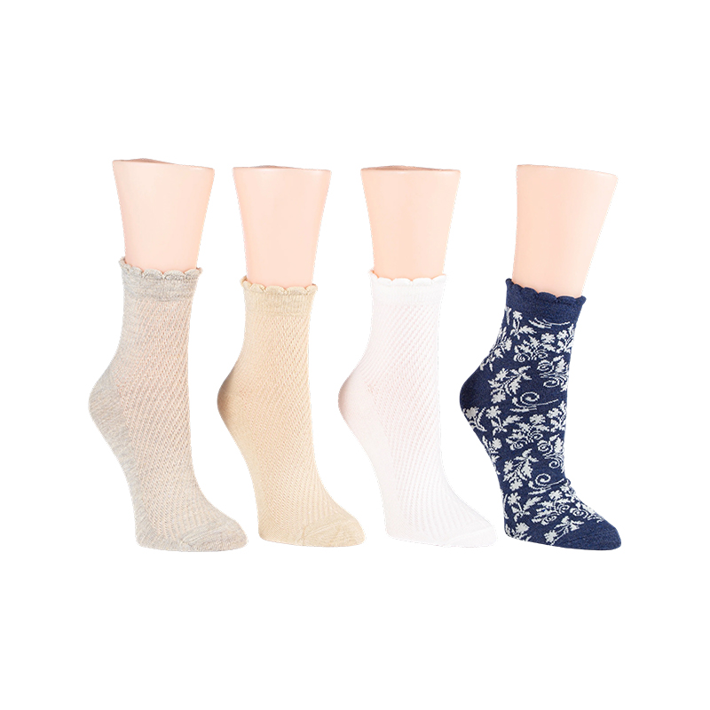 Vintage Floral/Diagonal Rib Scallop Welt Anklet 4 Ppk Socks