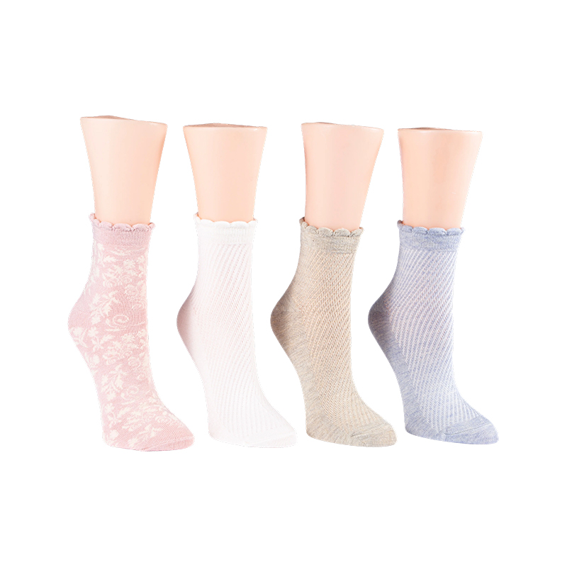 Vintage Floral/Diagonal Rib Scallop Welt Anklet 4 Ppk Socks