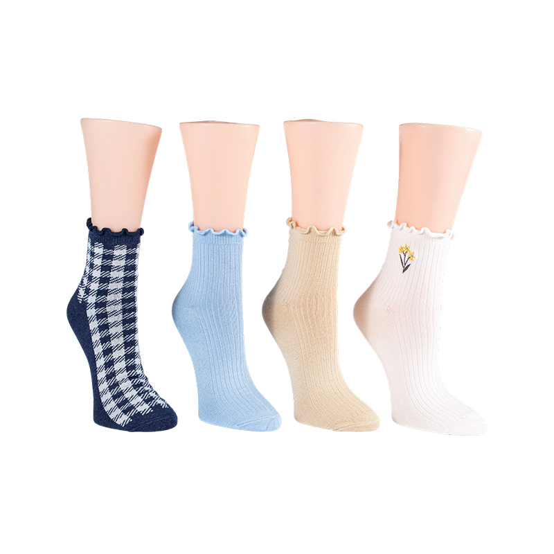 Rib W/ Embroidered Flower/ Ginghamlettuce Welt Anklet 4ppk Socks