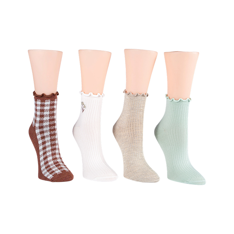 Rib W/ Embroidered Flower/ Ginghamlettuce Welt Anklet 4ppk Socks