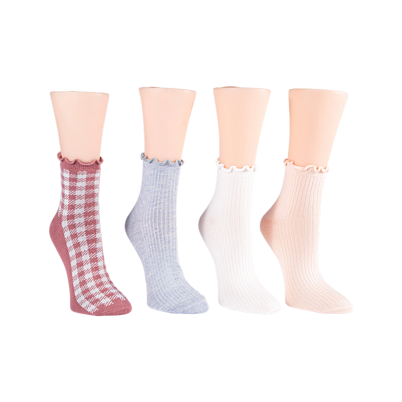 Rib W/ Embroidered Flower/ Ginghamlettuce Welt Anklet 4ppk Socks
